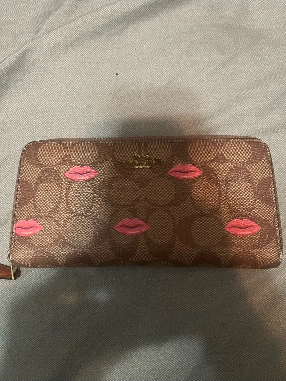 Coach Brown Signature Canvas Wallet with Pink Kiss Accents